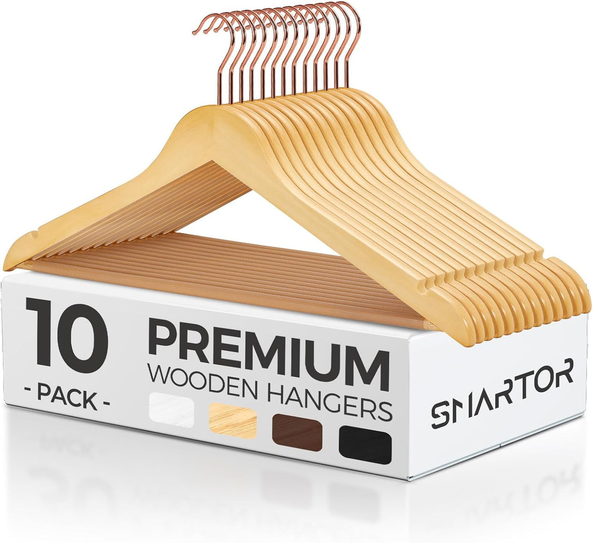 Perchas de Madera Maciza Smartor – Pack de 10 con Gancho Oro Rosa 360° y Barra Antideslizante | Trajes, Camisas y Pantalones