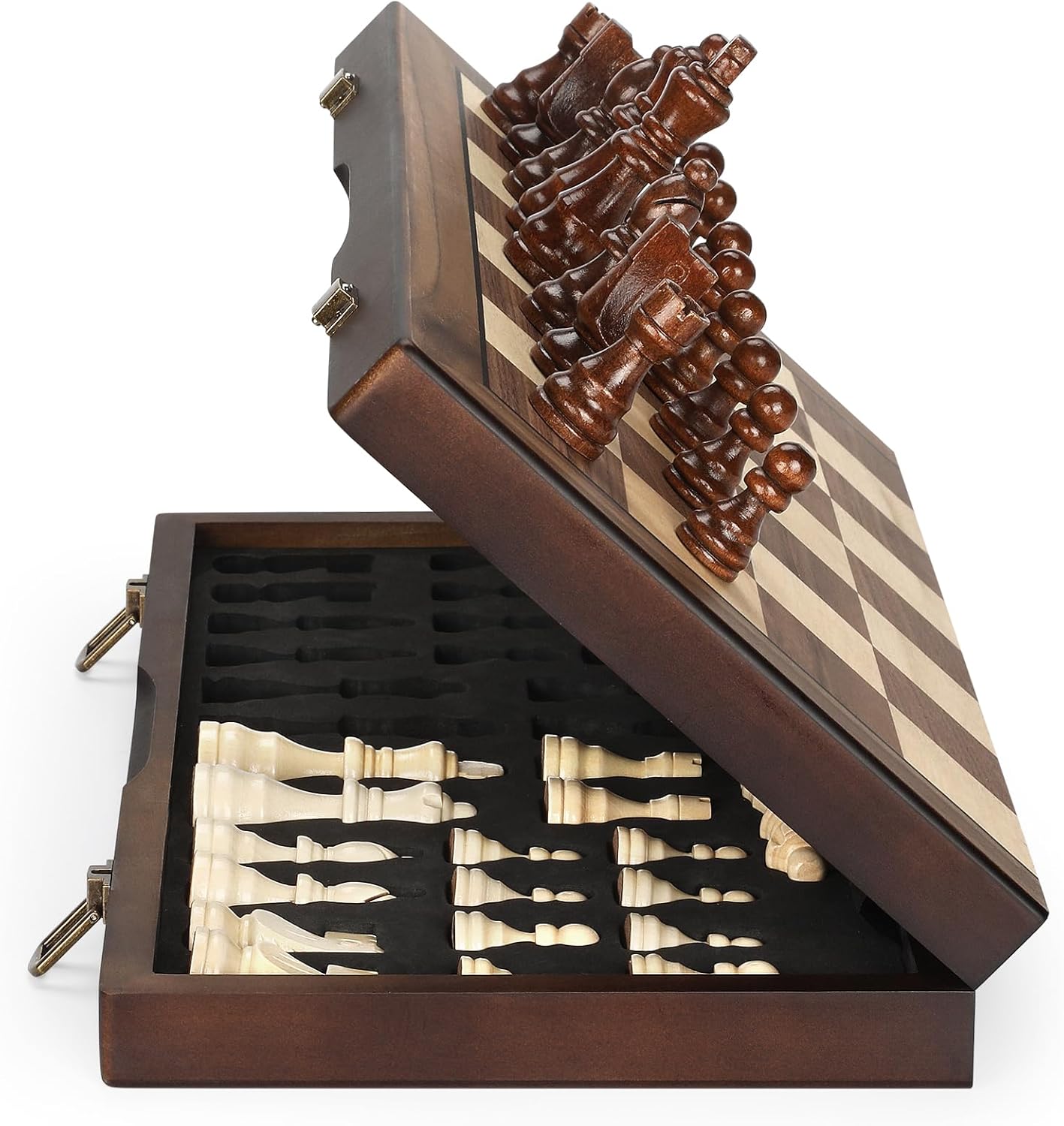 Juego de ajedrez magnético de madera para adultos y niños, tablero de ajedrez de 17 pulgadas con piezas hechas a mano, plegable, portátil, para viajes, juego de ajedrez único para torneos, principiantes profesionales. 
