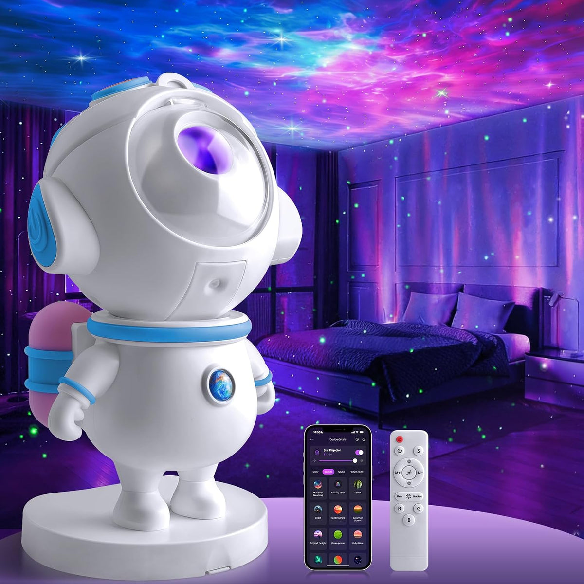 Proyector de estrellas y galaxias de astronautas, lámpara de noche LED Aurora para dormitorio, decoración de habitaciones de adultos y niños, proyector de iluminación de techo de nebulosa estrellada espacial con temporizador, control remoto y por