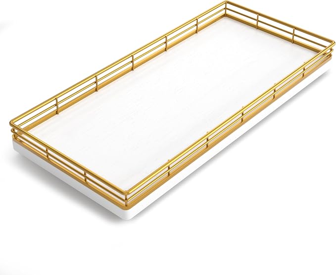 Bandeja para tanque de inodoro de baño, bandeja de almacenamiento de papel higiénico de madera de 13 pulgadas, bandeja trasera del organizador de cesta de inodoro, bandeja de tocador para decoración de velas de maquillaje, perfume, color dorado y blanco