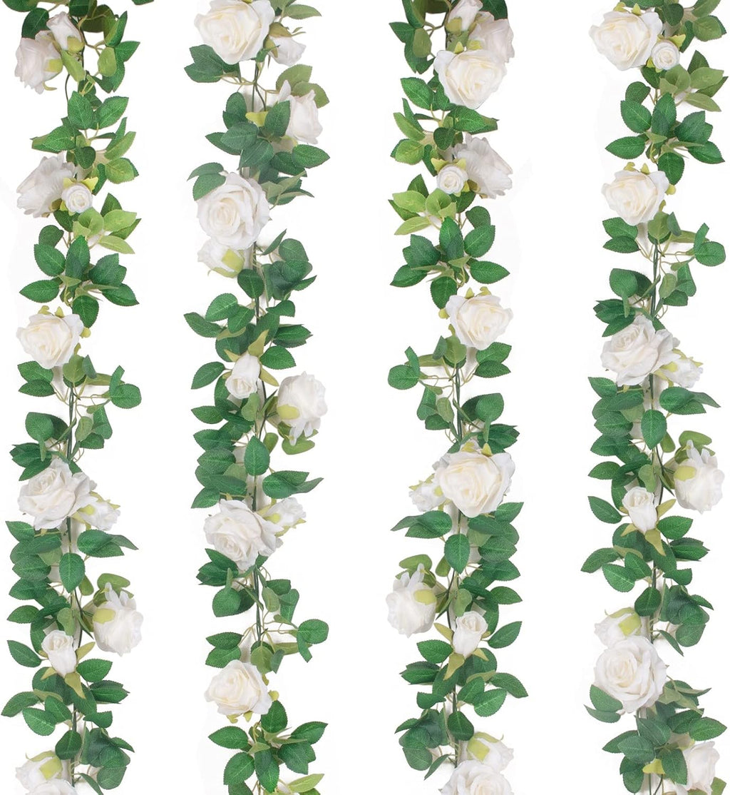 TELDRASSIL 4 piezas (26 pies) Guirnalda de rosas artificiales de seda para colgar, ideal para decoración de arcos, fondos de bodas y jardines (Blanco)