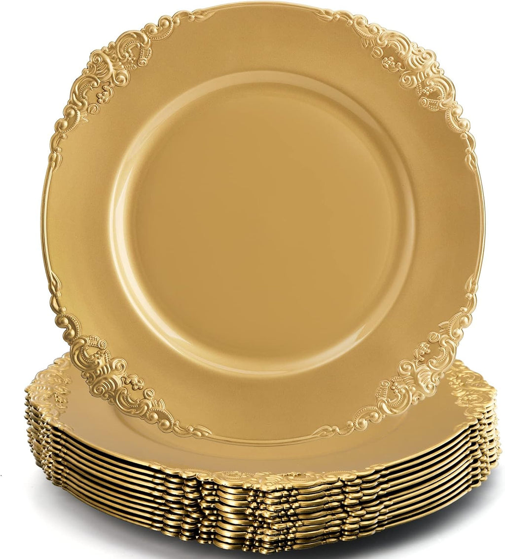 Platos Base Dorados Okllen 33 cm con Borde en Relieve | Pack de 12 | Catering Bodas Decoración de Mesa | 12 Unidades