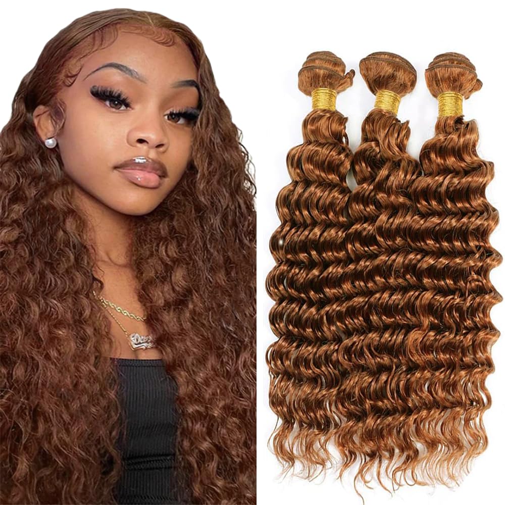 MLMYBAYEA #30 Paquetes de cabello humano ondulado profundo de 24, 26 y 28 pulgadas, color marrón claro, cabello virgen brasileño sin procesar para mujeres negras.