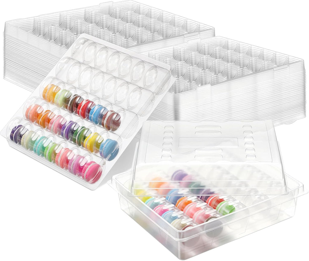 Acellegic Juego de 8 cajas completas para congelar macarons. Capacidad para 35 macarons. Contenedores de plástico transparente para almacenar macarons. Bandejas de exhibición para galletas, postres, panadería, cocina, bodas, fiestas y regalos.