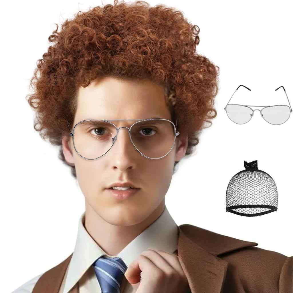 USADO-JoneTing Peluca Afro Café (Gorro + Gafas Incluidos) | Cabello Rizado para Hombre | Fiesta 70s 80s, Nerd, Halloween y Cosplay | Peluca Marrón
