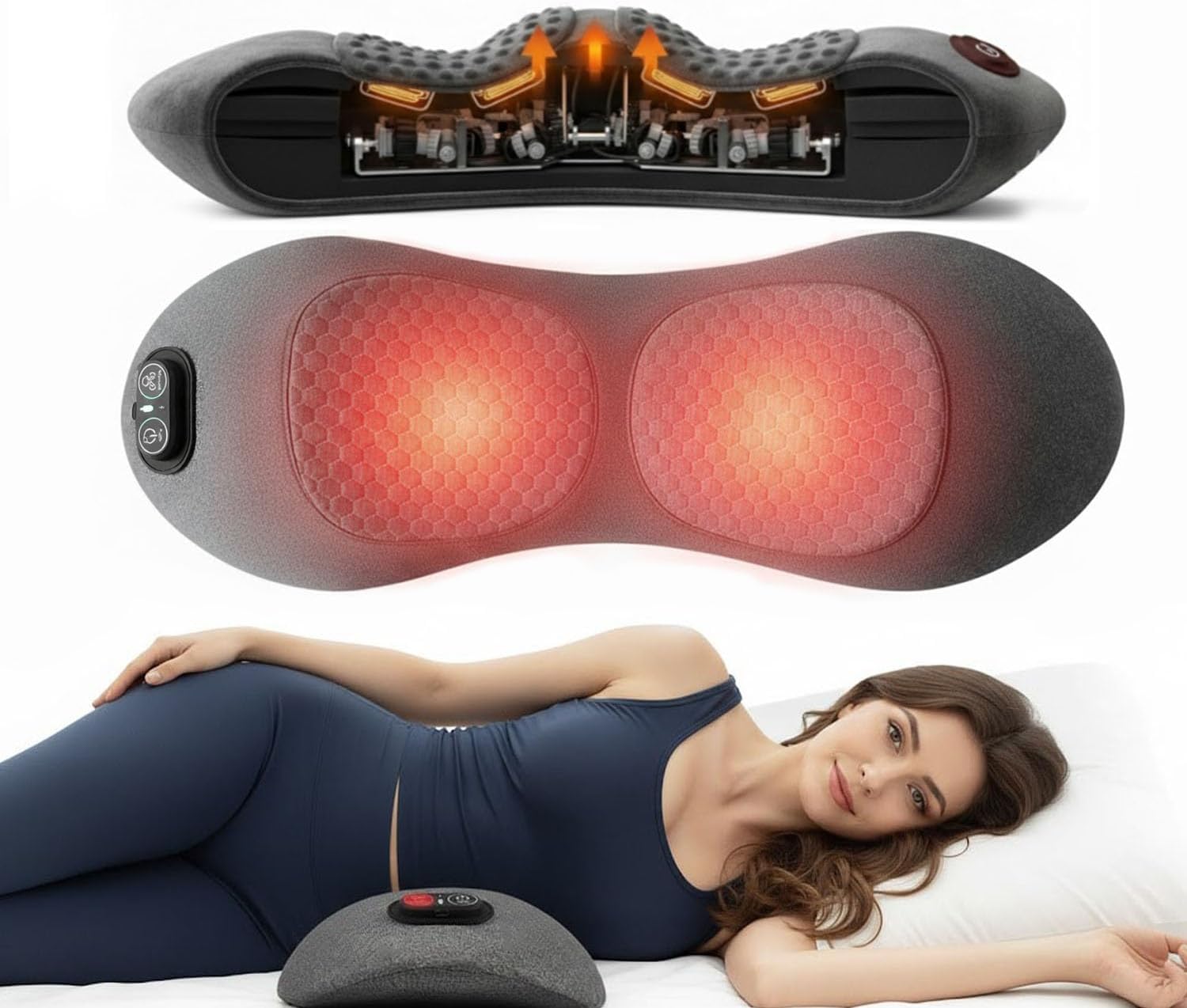 TNDCKP 3 in 1 Electric Back Massager Pillow with Adjustable Support and Soothing Heat – Ergonomic Wedge Cushion for Home, Office, or Travel Use (Grey)