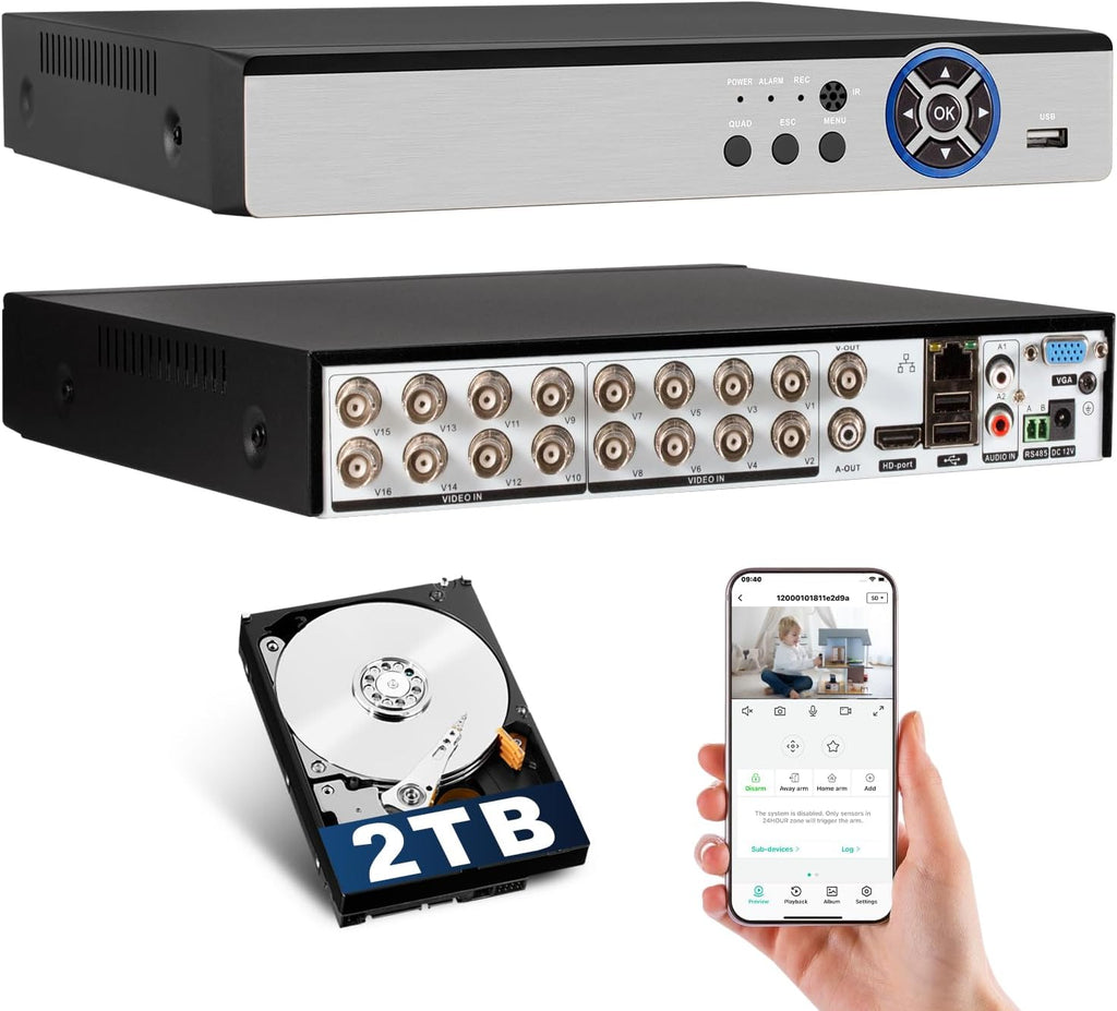 KERUI 16Channel Security Recorder DVR 16CH 5MP Surveillance Video Recorder H.265+ Hybrid 6-in-1 AHD/TVI/CVI/CVBS/IP/XVI Camera DVR with Human Detection, 24/7 Recording(with 2TB Hard Drive)