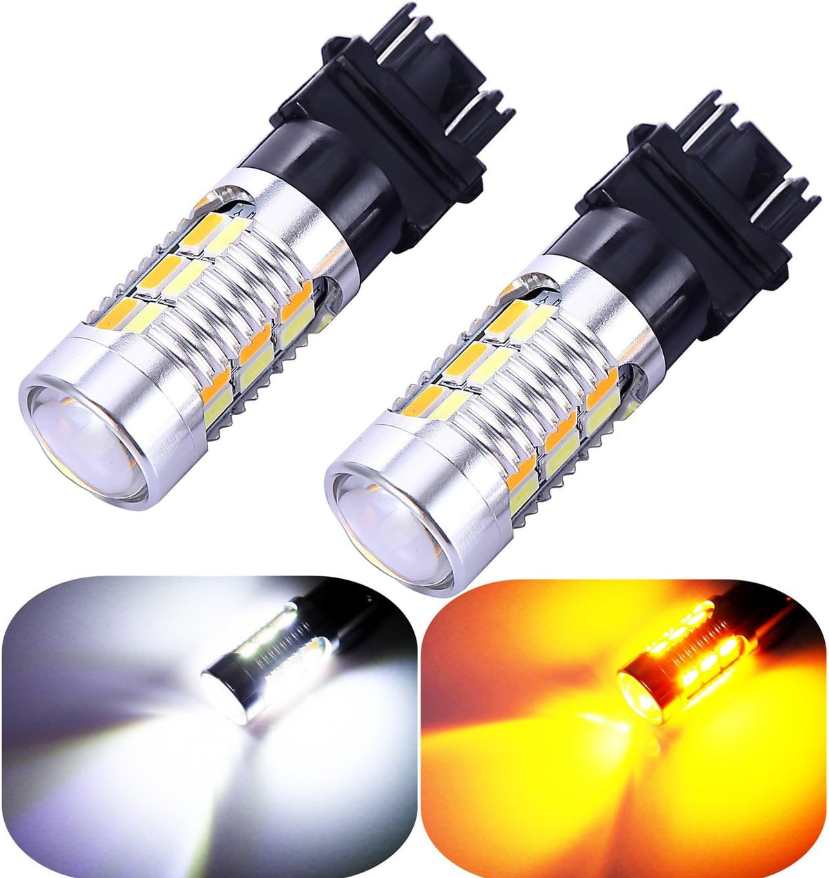 Bombillos LED Switchback 3157 / 3057 / 4157 | Direccional Blanco y Ámbar | 22 SMD con Proyector | Socket Estándar | Par de 2