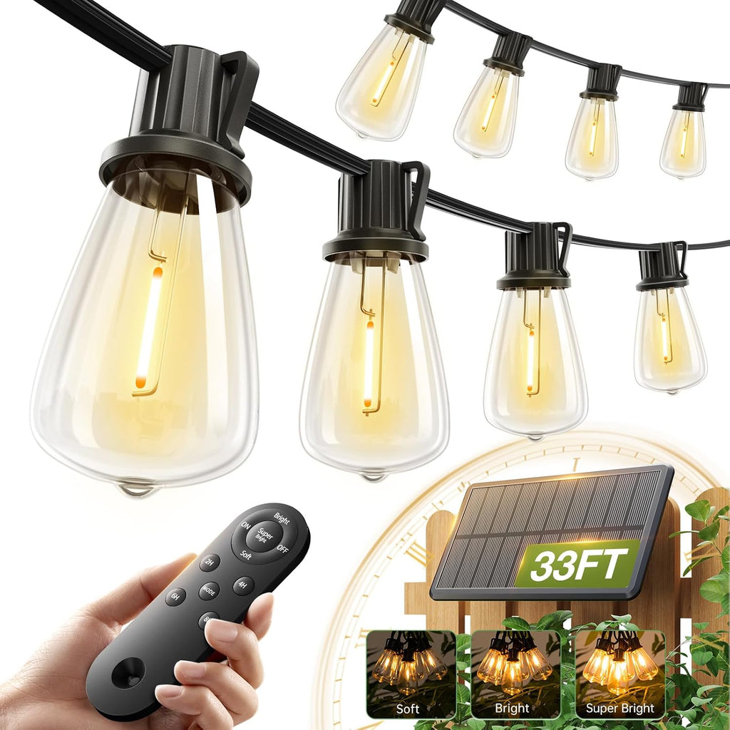 Guirnalda de luces solares Addlon de 33 (27+6) pies, impermeable, para patio, con energía solar, control remoto y puerto USB, 9+1 bombillas LED irrompibles, 3 modos de iluminación, para exteriores, camping, patio trasero y jardín.
