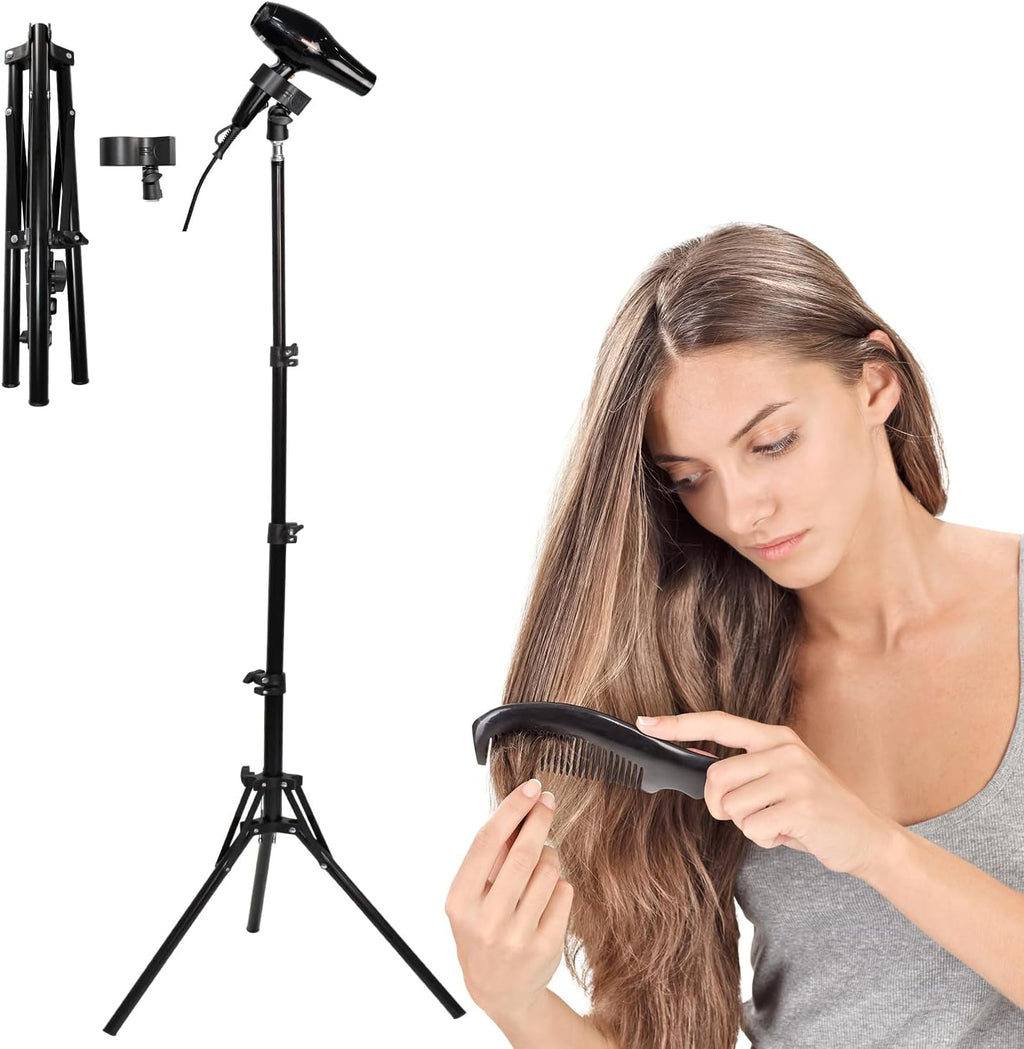 Soporte ajustable para secador de pelo manos libres Shouken - 163 cm, rotación de 360 grados, soporte de encimera con trípode antideslizante y clip universal.