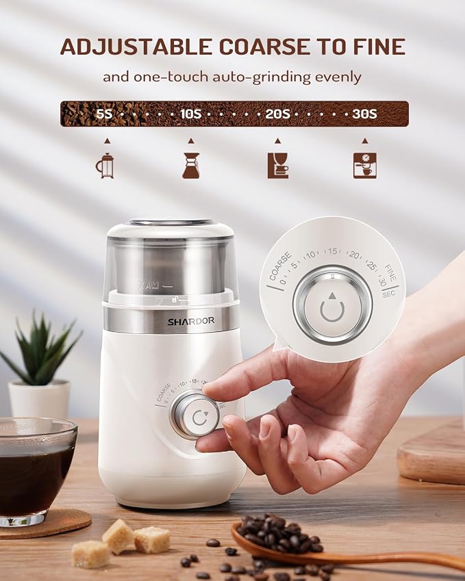 SHARDOR Molinillo de Café Eléctrico Ultra Silencioso | Control de Tiempo con Perilla Rotatoria | Molienda Gruesa a Fina | Para Café, Especias y Hierbas | Tazón de Acero Inoxidable | Crema