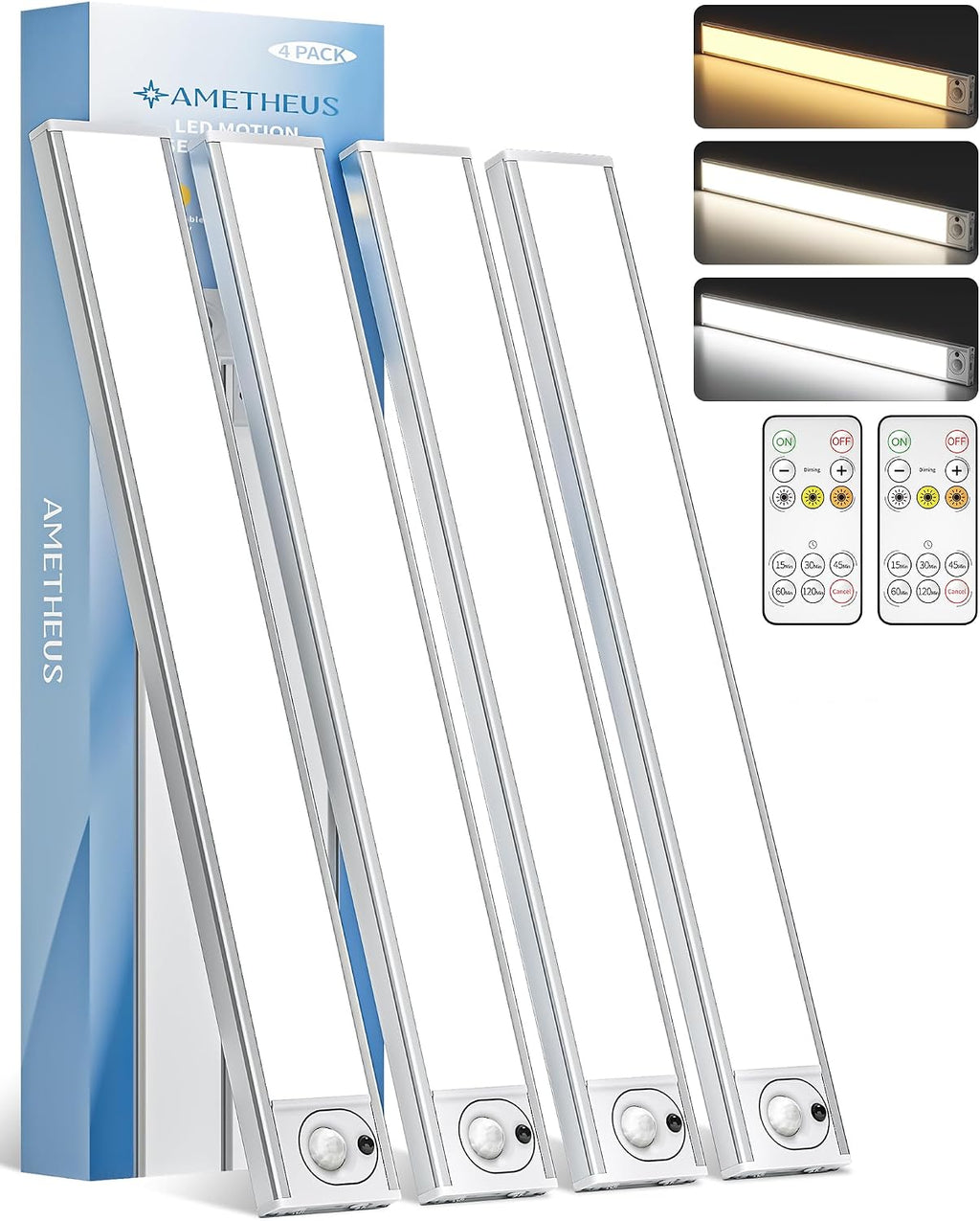 Pack 2 Luces LED Bajo Gabinete 16 Pulgadas Recargables con Sensor de Movimiento 3 Tonos de Color Regulables para Cocina Closet y Escaleras