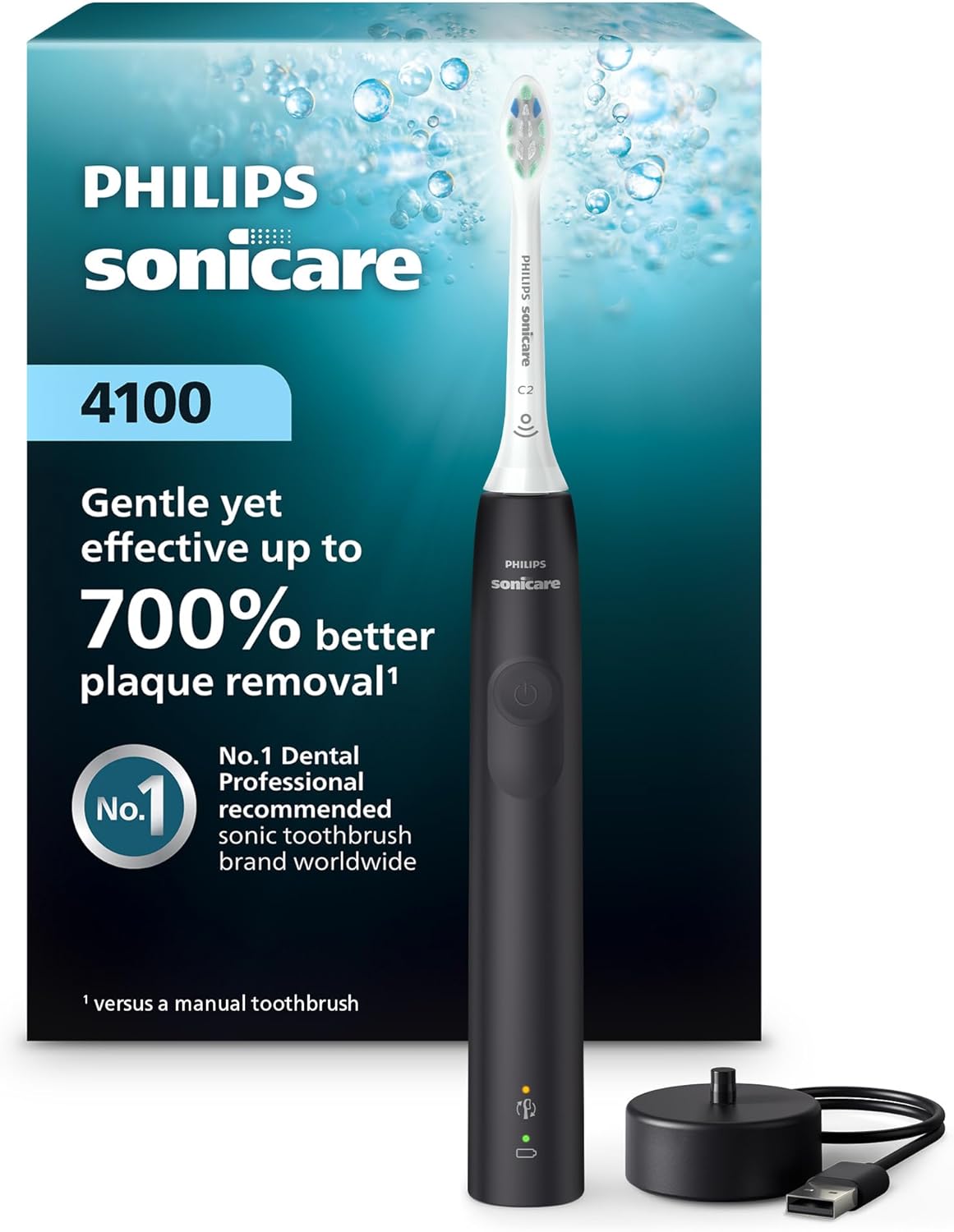 Cepillo de dientes eléctrico Philips Sonicare Serie 4100 - Cepillo de dientes sónico con tecnología sónica avanzada, sensor de presión, dos niveles de intensidad, Smartimer y Quadpacer, color negro, modelo HX3681/24