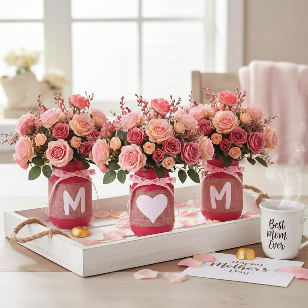 Knitgrip 3 piezas Centro de mesa para el Día de la Madre Decoraciones florales rosas en tarro Mason para la mesa Decoración de bandeja escalonada con rosa para mamá Regalo para el Día de la Madre Decoración para estante de cocina y repisa de chimenea