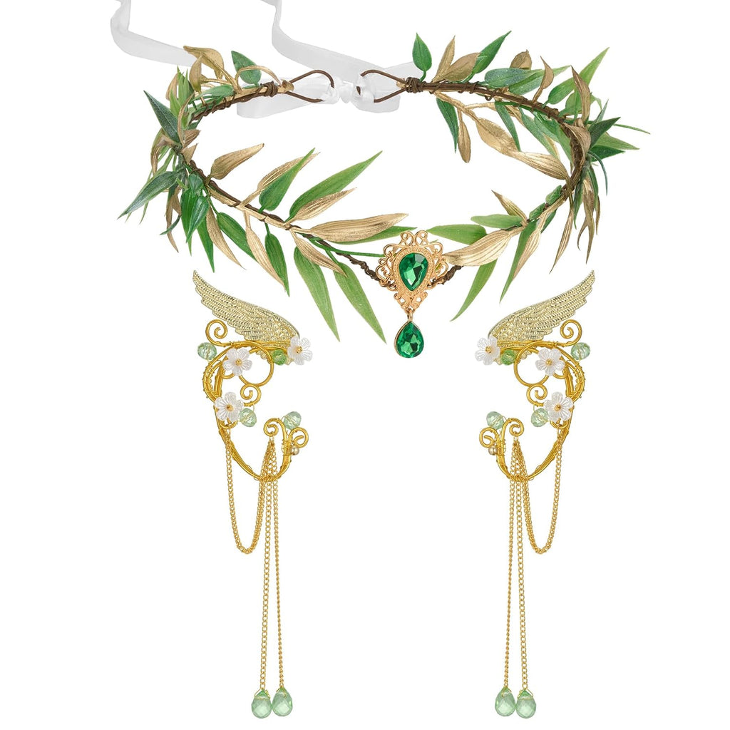 Set Diadema de Hada SWEETV con Orejas de Elfo y Aretes de Alas – Corona de Hojas para Halloween, Cosplay y Sesión de Fotos