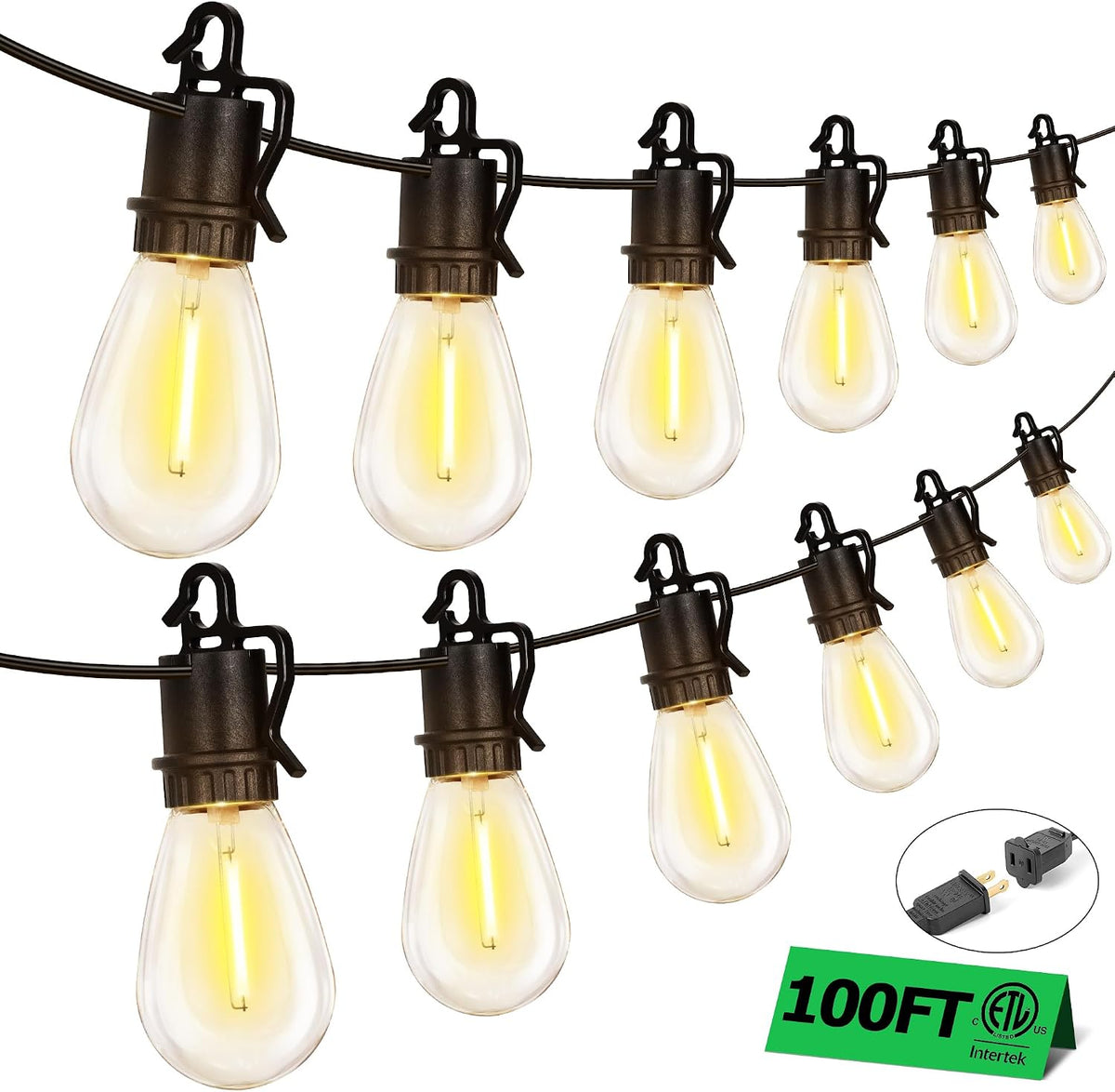Luces de Cuerda para Exterior 100ft con 35 Bombillas Edison S14 Irrompibles, 2700K Regulables, IP55 Impermeables