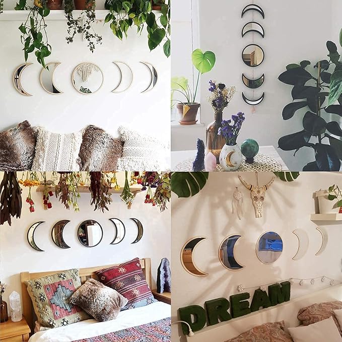 MAXROCK Espejos acrílicos escandinavos de fase lunar de decoración natural, juego de espejos de fase lunar, decoración de pared bohemia para sala de estar y dormitorio (no espejo real)