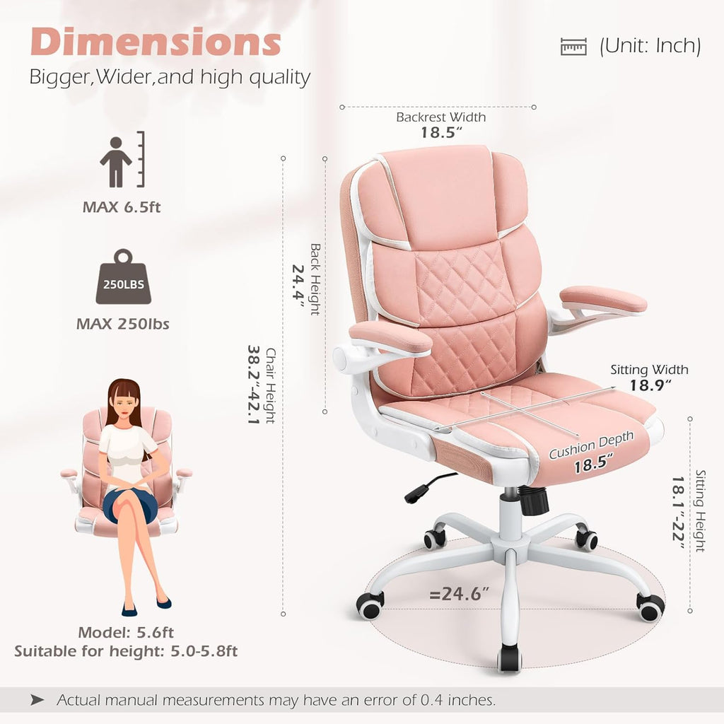 SEATZONE – Silla Ejecutiva Ergonómica Moderna de PU para Oficina en Casa – Con Ruedas y Apoyabrazos Abatibles, Soporte Lumbar y Giro 360° – Rosa