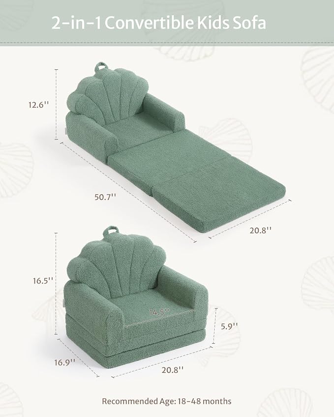Sofá Infantil Convertible Blissful Diary 2 en 1 — Silla y Tumbona para Niños, Color Verde