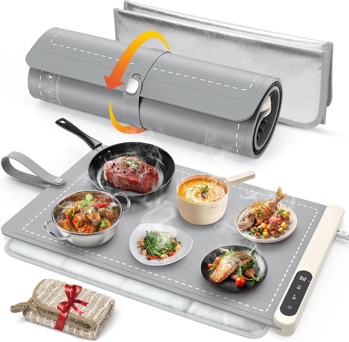 Alfombrilla calentadora FYY para alimentos con almohadilla resistente al calor, previene grietas en la encimera, mantiene la comida caliente, calentamiento rápido y de toda la superficie, 6 ajustes de temperatura, temporizador de 6 horas, color gris