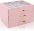 Joyeros para mujer, joyero con tapa de cristal y 3 cajones, organizador de joyas para collares, anillos, hijas, hermanas, damas de honor, regalo del Día de la Madre (rosa) 