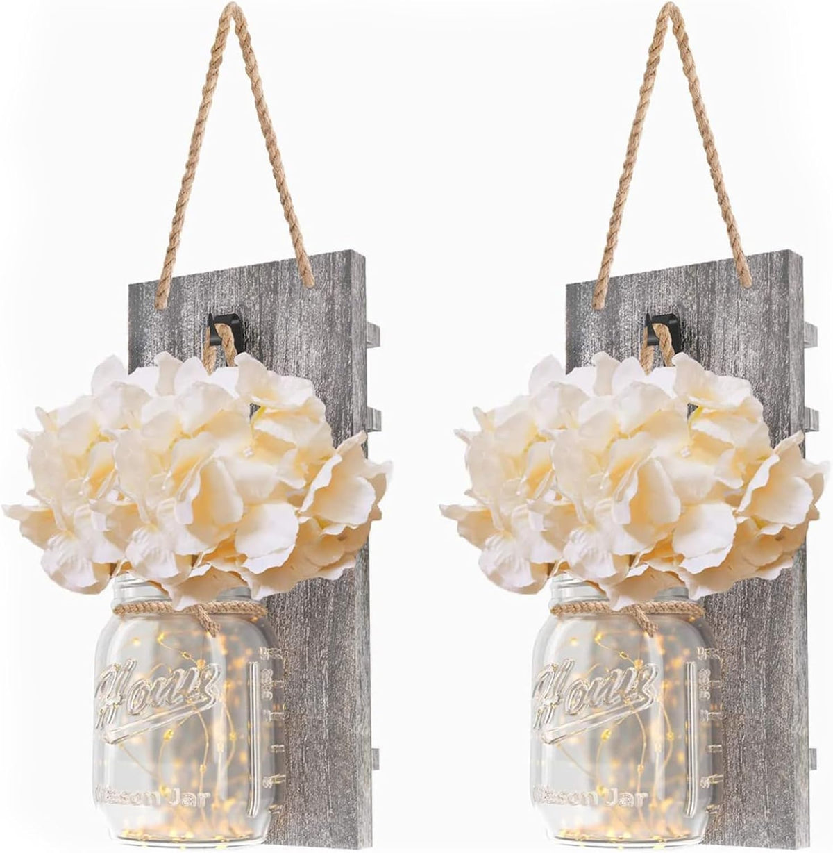 Candelabros Frasco Mason Anount, Decoración Rústica de Pared Besuerte Juego de Dos, Luces LED de Cuerda para Sala de Estar Moderna, Decoración Hogar, Arte de Pared, Temporizador de 6 Horas Juego de 2 Gris (28x11 cm)