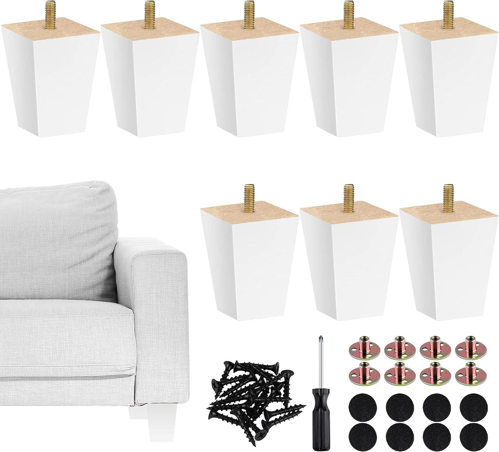 Juego de 8 patas de madera para muebles TURSTIN, cuadradas de 7,6 cm (3 pulgadas), de madera maciza, para sofá, con tuercas en T M8. Patas de repuesto de madera natural para sofá, sillón, cama, cómoda, armario o proyectos de bricolaje. Color blanco.