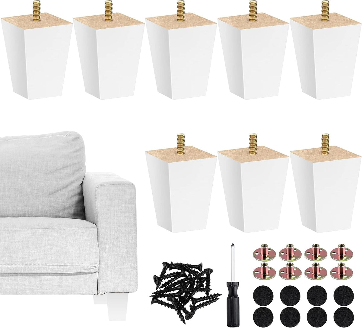 Juego de 8 patas de madera para muebles TURSTIN, cuadradas de 7,6 cm (3 pulgadas), de madera maciza, para sofá, con tuercas en T M8. Patas de repuesto de madera natural para sofá, sillón, cama, cómoda, armario o proyectos de bricolaje. Color blanco.