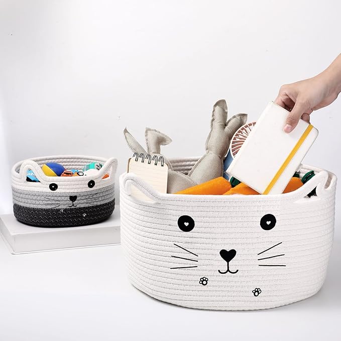 Cesta de almacenamiento tejida para gatos, organizador tejido con orejas, juguete decorativo de Navidad para mascotas, bonita canasta de cuerda de algodón para regalo