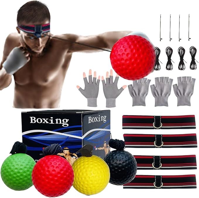 Reflex Balls - Juego de diadema de boxeo para artes marciales mixtas de boxeo, kickboxing, juego de pelota de reacción, incluye 4 bolas de diferentes niveles, 4 diademas elásticas, 4 líneas de repuesto y 4 guantes para todas las personas