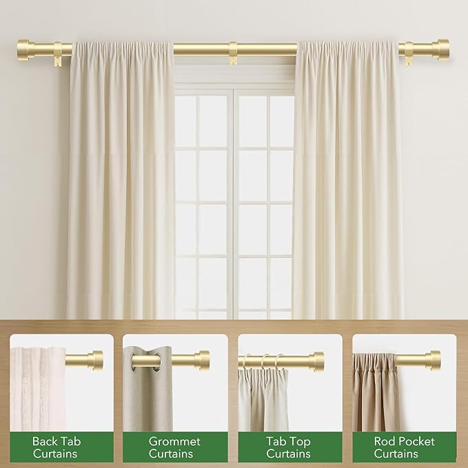 Barras de cortina doradas para ventanas de 32 a 120 pulgadas (2.6-10 pies), barra de cortina ajustable de 1 pulgada de diámetro extra larga de alta resistencia, barras de cortina