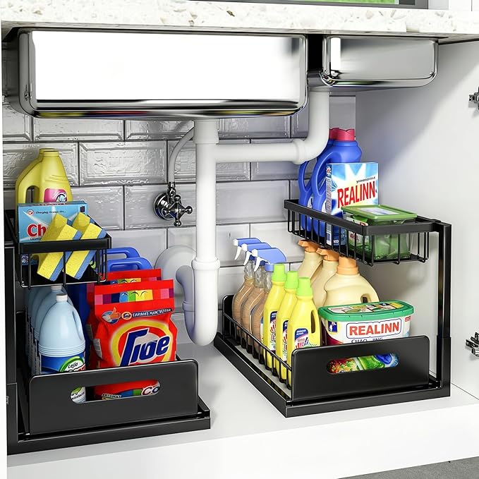 Organizador para debajo del fregadero, organizador de armario extraíble de 2 niveles en forma de L | For Kitchen and Bathroom, Slide Out Under Cabinet Storage, Metal Under Sink Storage with Sliding Drawer, 50 lbs, Black 2 Pack