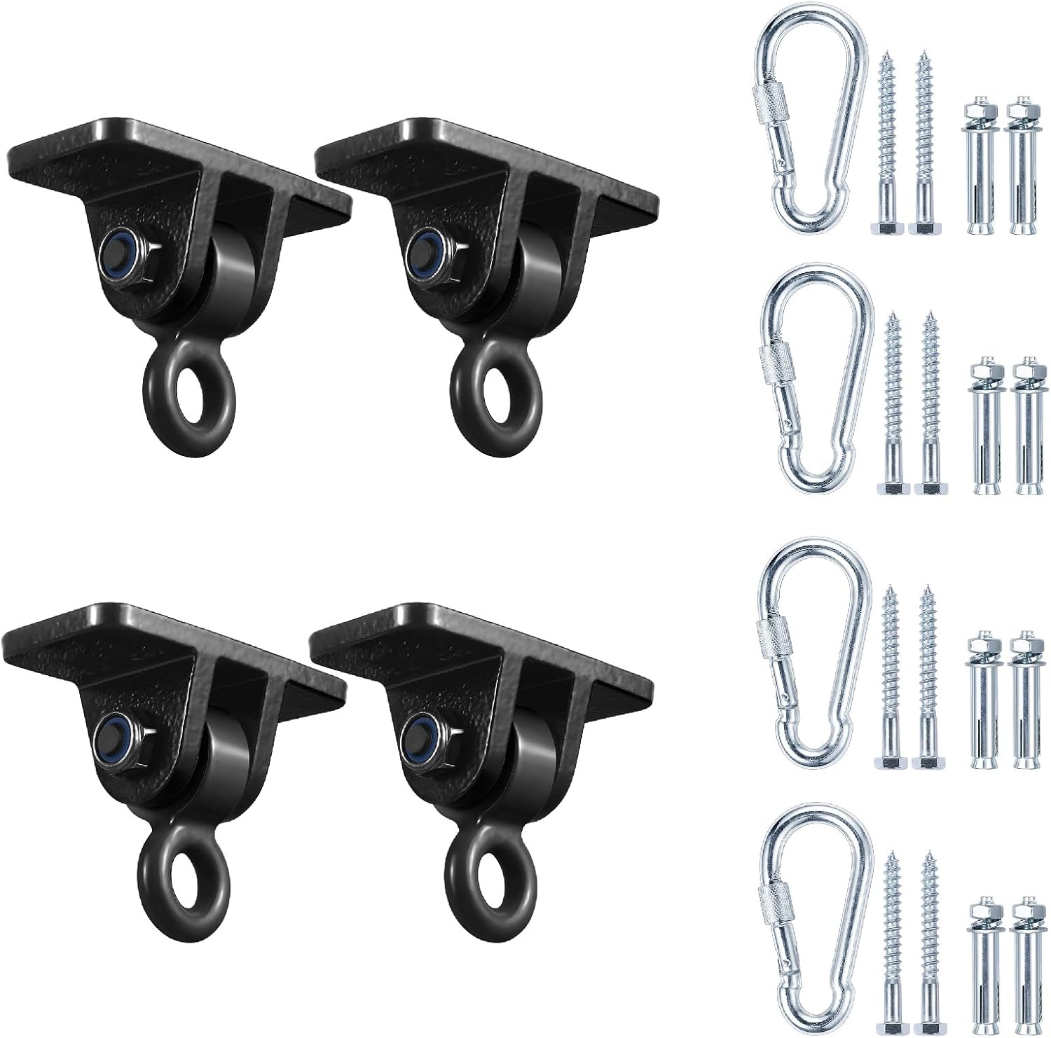 Ganchos de Columpio Heavy Duty para Estructuras de Madera – Uso Interior y Exterior con Mosquetones | 4 pcs Negro