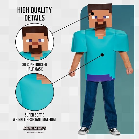 Disfraz Steve Minecraft Licencia Oficial | ADULTO Talla L/XL | Túnica + Máscara 3D