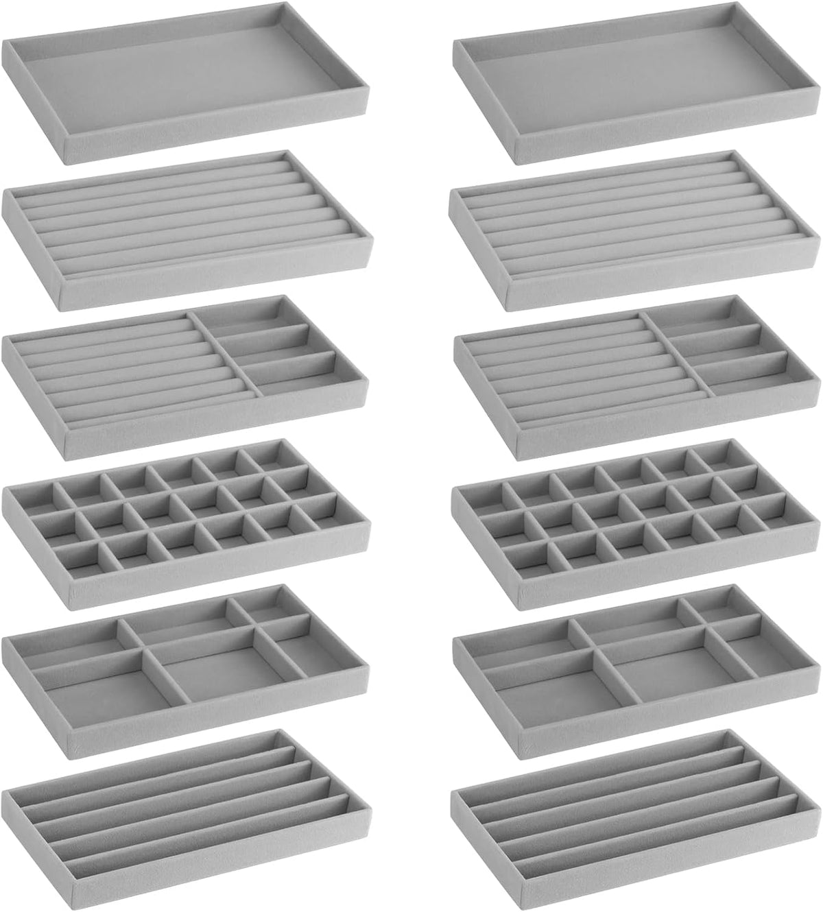 FHDUSRYO 12 bandejas apilables de terciopelo para joyería, organizador de cajones para joyería, bandeja grande extraíble para exhibición de joyas, caja de almacenamiento para collares, pulseras, pendientes, anillos, broches y relojes (gris)