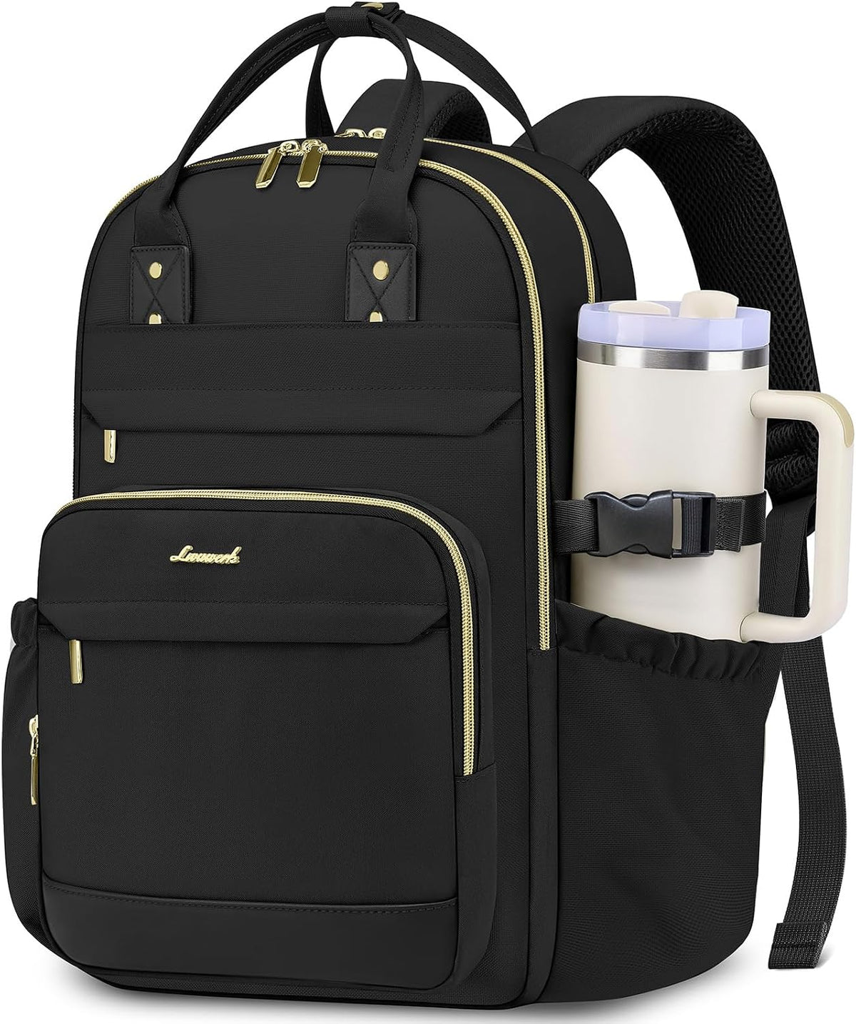 Mochila para portátil LIVUWERK para mujer, ideal para la universidad: mochilas de 15,6 pulgadas con bolsillo tipo bolsa de gran capacidad para vasos, impermeables, antirrobo, para viajes, uso casual, ideales para profesoras y enfermeras. Color negro.