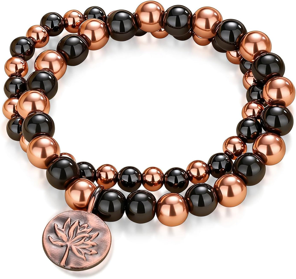 MagEnergy 2 pulseras de cobre para mujeres y hombres, pulsera magnética de 3800 Gauss, regalos de joyería de hematita y cobre Lotus, pulseras elásticas de cuentas de hematita Pulseras Para Mujer