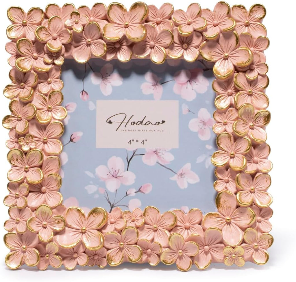 Marco de fotos floral Hodao  Marco de fotos de resina con forma de flor y cubierta acrílica, recuerdo de mesa con detalle de corazón para el Día de San Valentín, bodas y decoración del hogar (4×4, oro rosa)