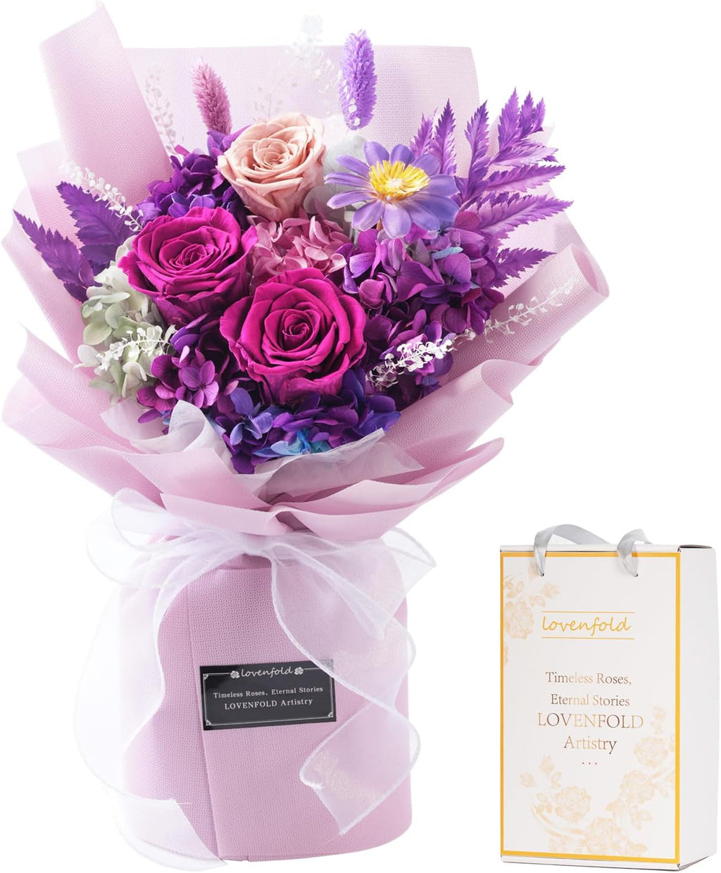 Ramo de Rosas Moradas Preservadas Lovenfold Duran 1-3 Anos Regalo para Mujer Mama Abuela Esposa y Amigas Flores para Cumpleanos