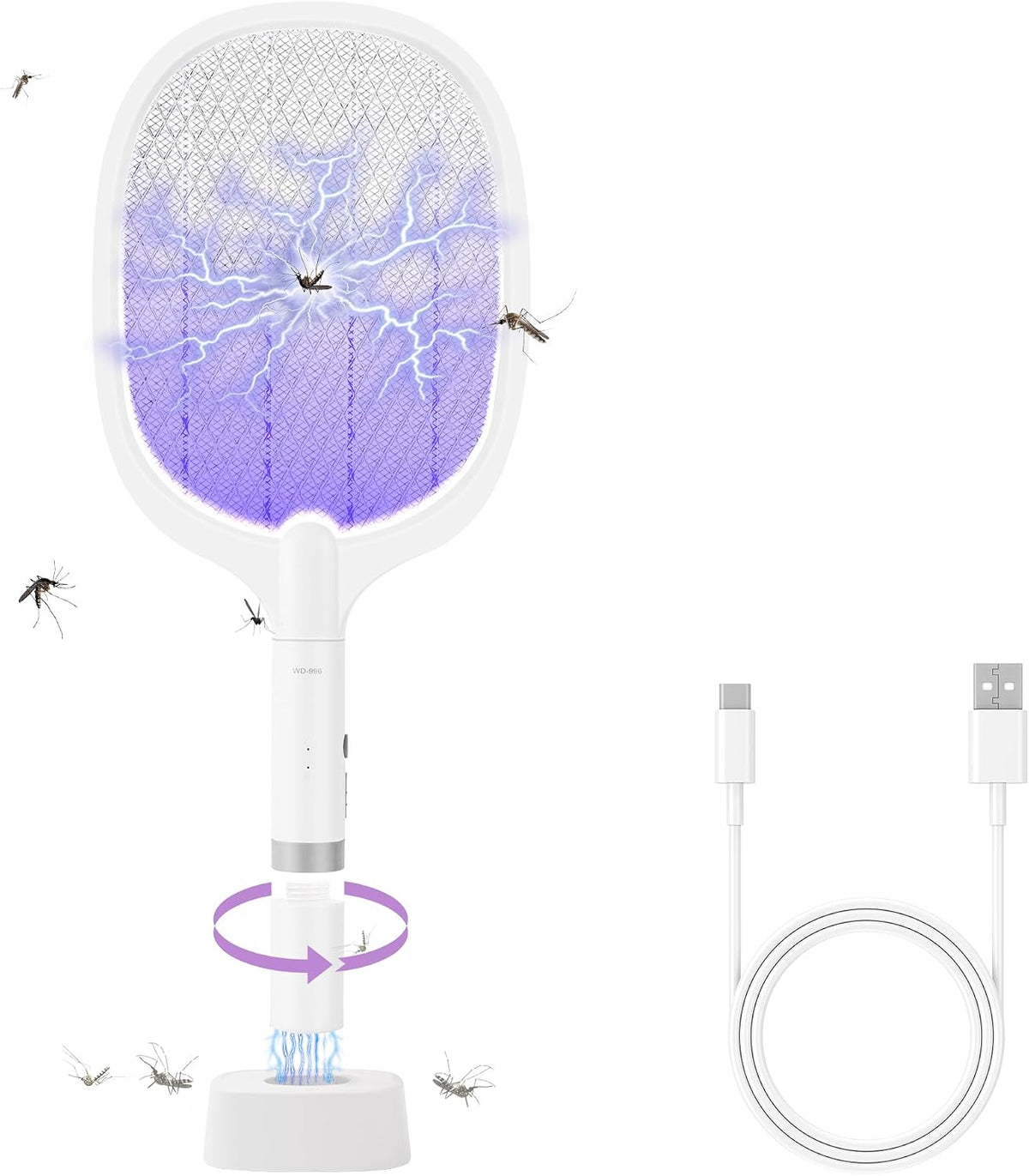 Raqueta eléctrica matamoscas 4000 V recargable con luz violeta