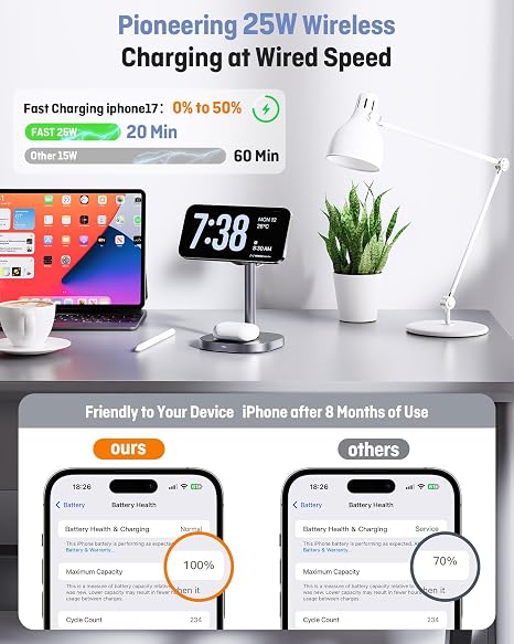 Estación de Carga Inalámbrica 3 en 1 Augnner – Qi2.2 25W Certificado, MagSafe, Enfriamiento Activo TEC, Para iPhone, Apple Watch y AirPods