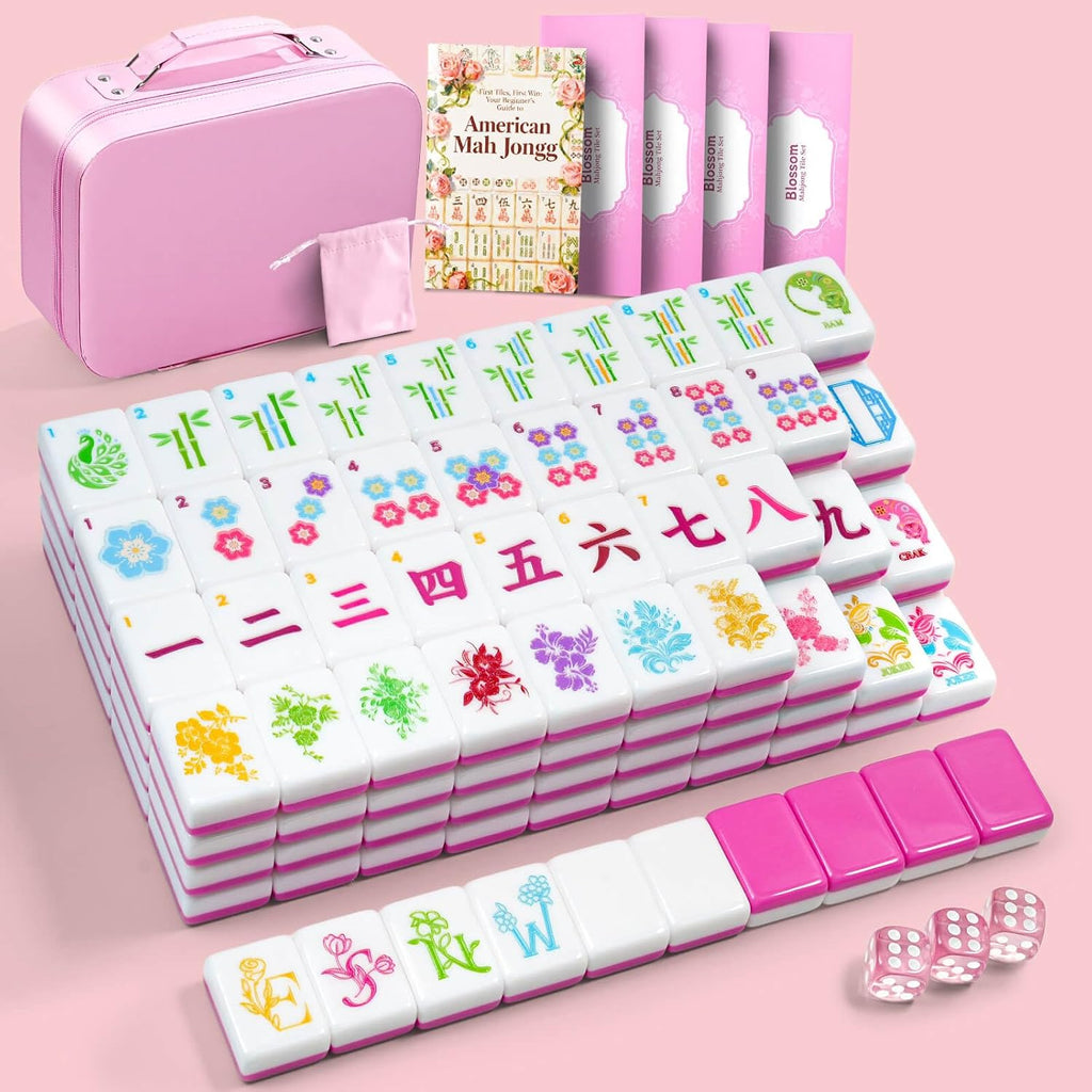 Juego de fichas de Mahjong Blossom - 160 fichas rosas de Mahjong americano de 3 cm con estuche de viaje, 3 dados y guía para principiantes.