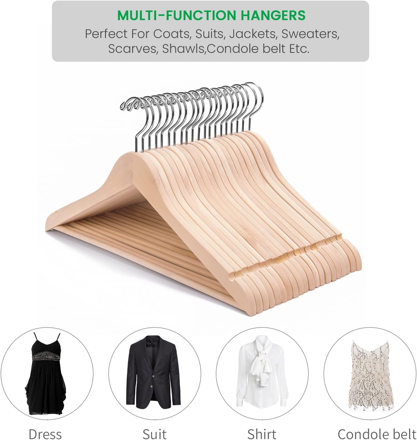 Nature Smile Paquete de 20 perchas de madera maciza natural sin terminar con muescas y barra de corte extra suave, gancho giratorio 360° más fuerte