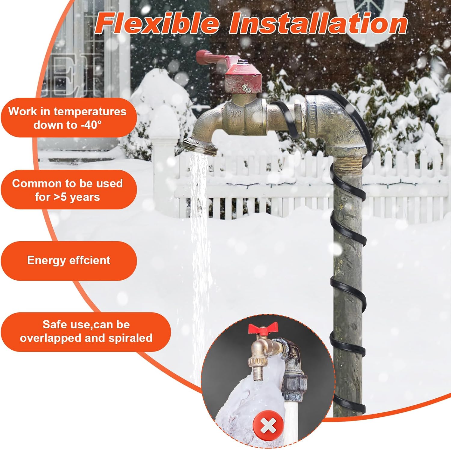 Cable Calefactor para Tuberías 30FT – Cinta Térmica Anticongelante -40°F, 120V 5W/ft para Plomería
