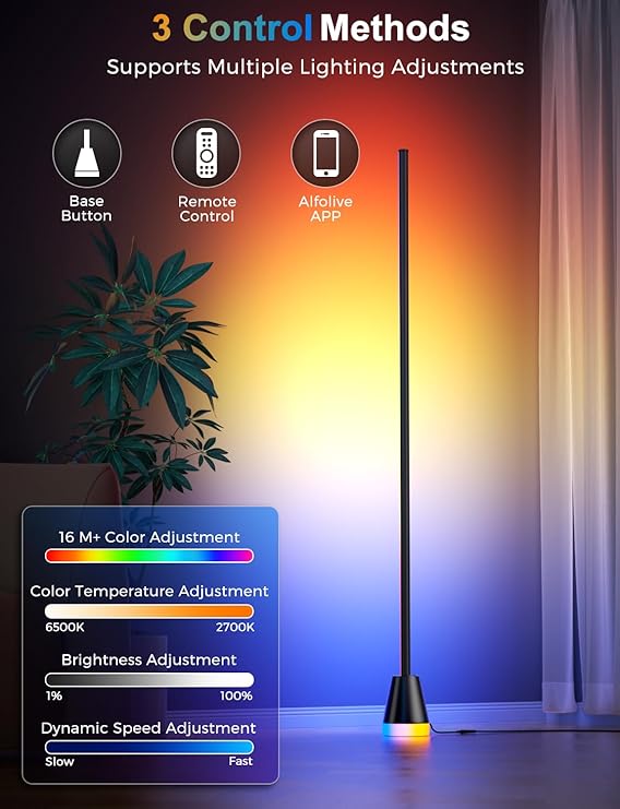 Alfolive RGB Floor Lamp, Smart LED Corner Lamp for Living Room Bedroom, 16 Million DIY Colors Standing Lamp with Music Sync App & Remote Control, Cool Modern Mood Light Ambient Lighting, Black