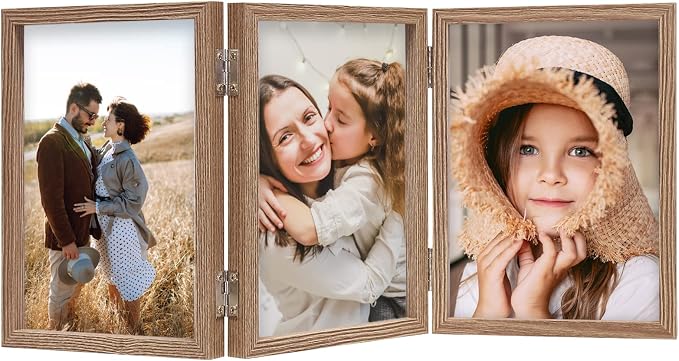 Marco de fotos triple con bisagras de 4x6 para 3 fotos, marcos de fotos plegables con vidrio y soporte vertical, veta de madera