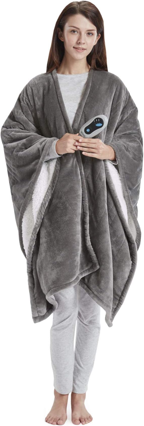 Poncho Manta Eléctrica Beautyrest — Sherpa Ultra Suave con 3 Niveles de Calor, Apagado Automático 2h — 50x64'' Gris