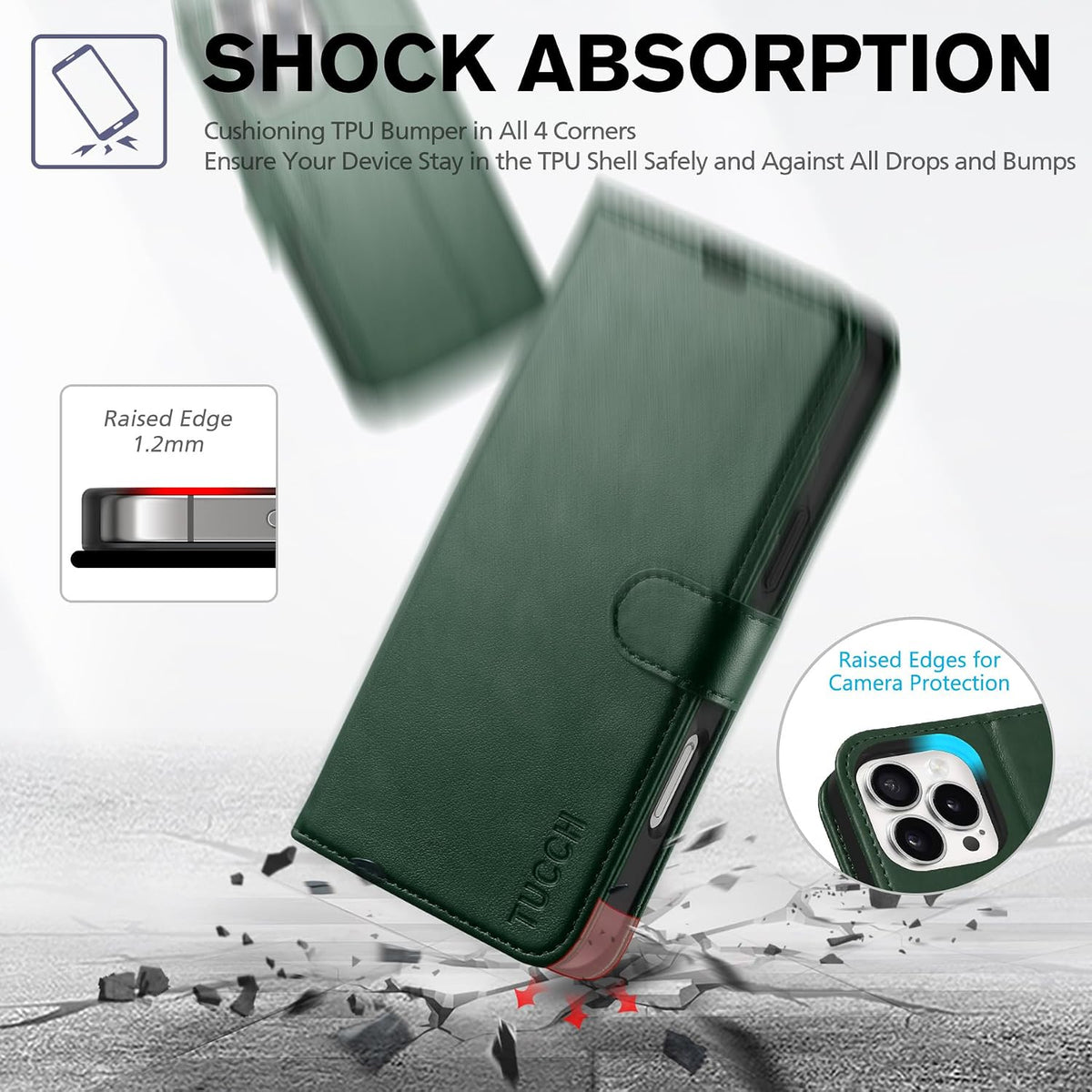Funda de piel sintética TUCCH para iPhone 16, color verde medianoche.