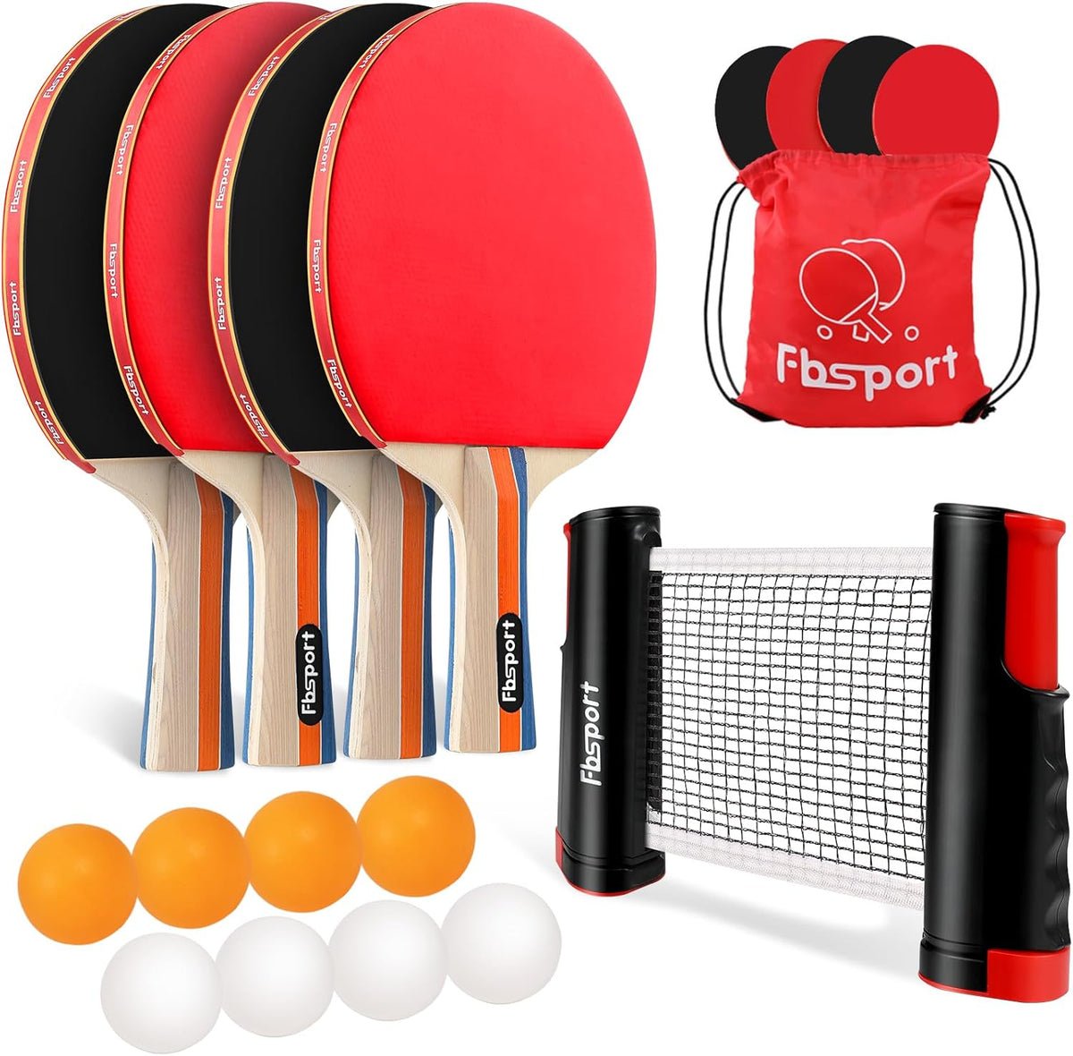Juego de palas de ping pong FBSPORT, juego de tenis de mesa con 4 raquetas y 8 pelotas, red retráctil con bolsa de almacenamiento - Accesorios de palas de ping pong para juegos de interior y exterior 