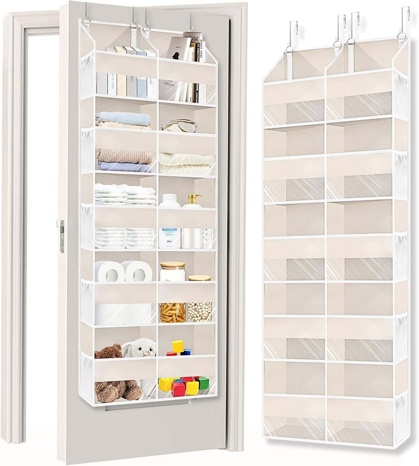 Ofiray-Home Over the Door Organizer - 5 Tiers, 10 Compartments, 80 lbs Capacity, 20" Wide, 4 Hooks, 10 Mesh Side Pockets - For Closet, Bathroom, Kitchen (Beige)